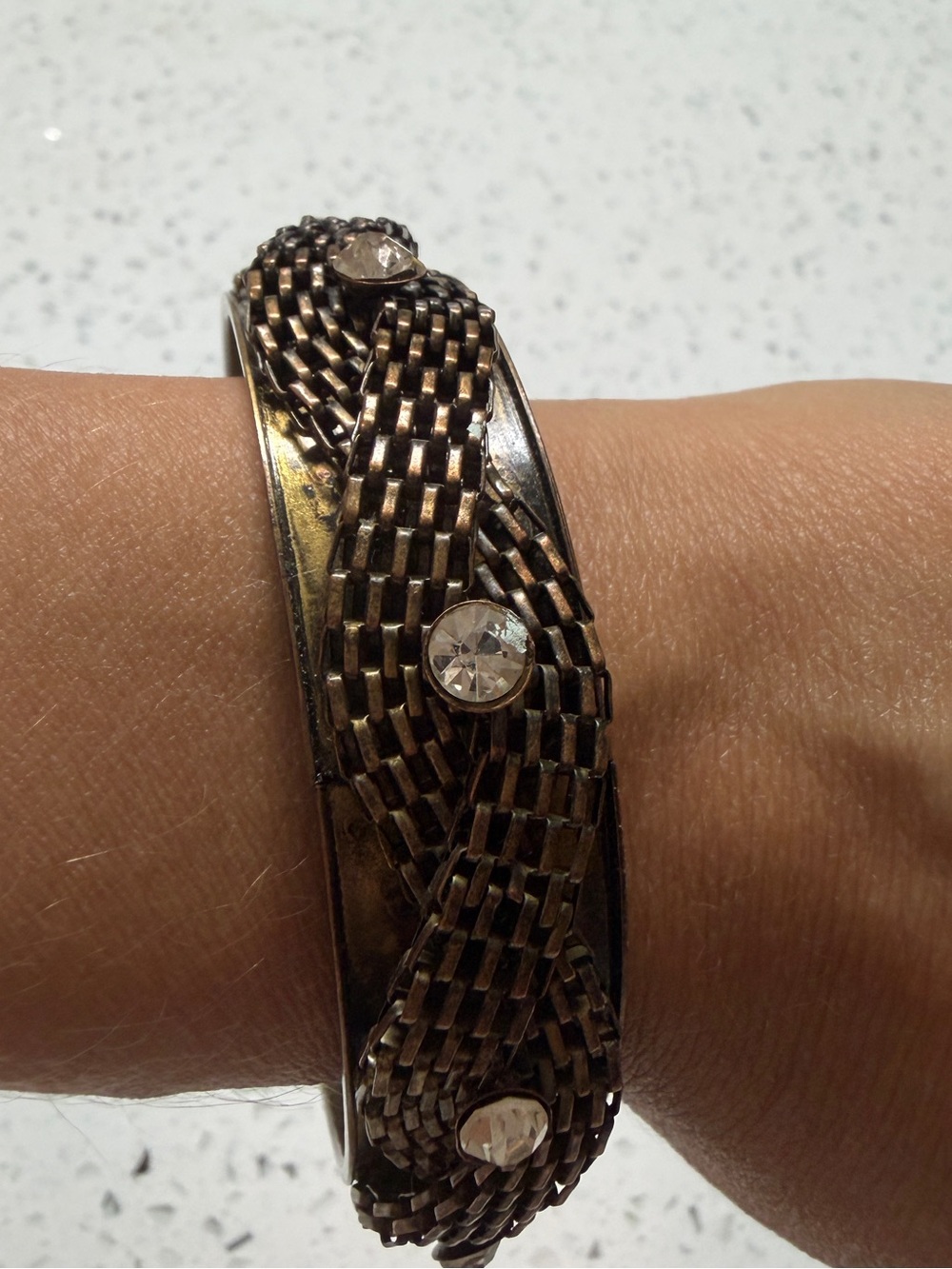 Vintage Gunmetal Rhinestone Woven Cuff Bracelet Y2K Statement Bangle